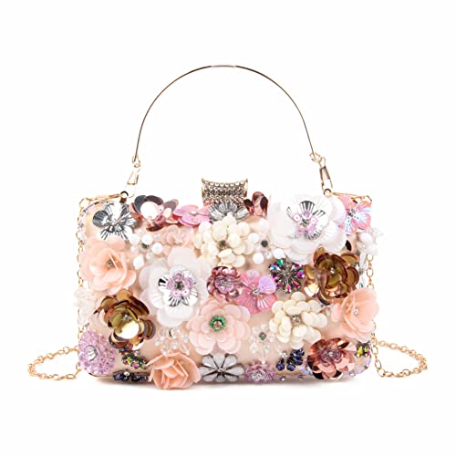 Fecialy Women's Floral Evening Handbags Colorful Rhinestone Clutch Purses Floral Bride Wedding Handbag Chain Shoulder Bag