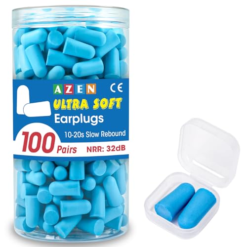 AZEN 100 Pairs Ear Plugs Bulk, NRR 32dB Soft Foam Ear Plugs for Sleeping Noise Cancelling, Earplugs for Concerts Shooting Swimming Noise Reduction (Lake Blue)