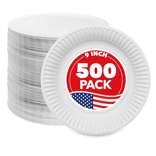 Stock Your Home 9-Inch Paper Plates Uncoated, Everyday Disposable Plates 9' Paper Plate Bulk, White, 500 Count