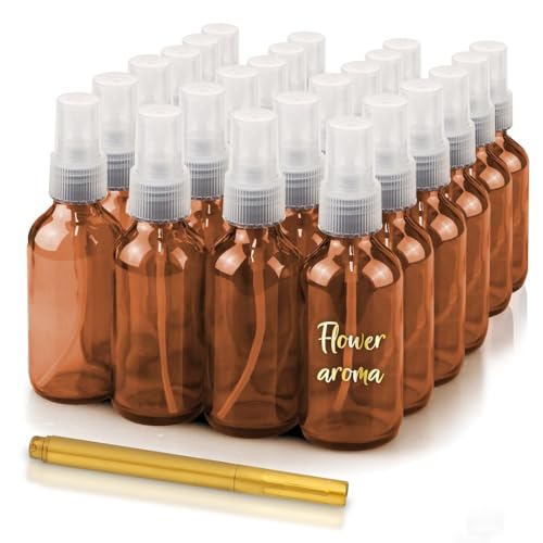 CULINAIRE 2oz Glass Spray Bottles with Gold Pen Marker, Small Fine Mist Spray Bottle, Refillable, Empty, for Hair Spray, Essential Oils, Colognes, and Hand Sanitizers, Amber, Pack of 24