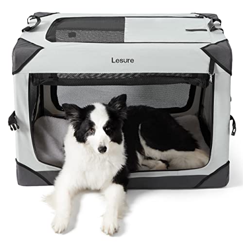 Lesure Collapsible Dog Crate - Portable Dog Travel Crate Kennel for Large Dog, 4-Door Pet Crate with Durable Mesh Windows, Indoor & Outdoor (Light Gray)
