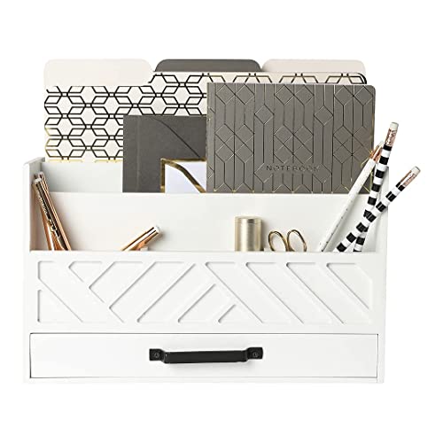 Mail Organizer Countertop Kitchen - White Wood Desk Organizer Storage with Drawer - Mail Sorter Organizer or Bill Organizer for Desk - Farmhouse Desk Organizer Accessories - Mail Basket for Counter