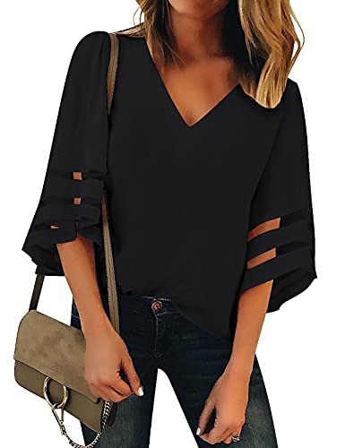 LookbookStore Women Summer Tops 2023 Ladies Tops and Blouses Black Blouse Shirts for Women Casual Dressy Work Tops 3/4 Bell Sleeve Blouse Loose Business Work Blouse V Neck Tops Size XL Size 16 18