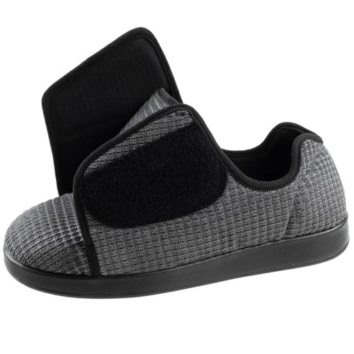 Ravelier Men's Adaptive Slip-Resistant Wide Width Diabetic Comfort Slipper Shoe with Adjustable Hook-and-Loop Closure, Size 14W US Men, Dark Grey