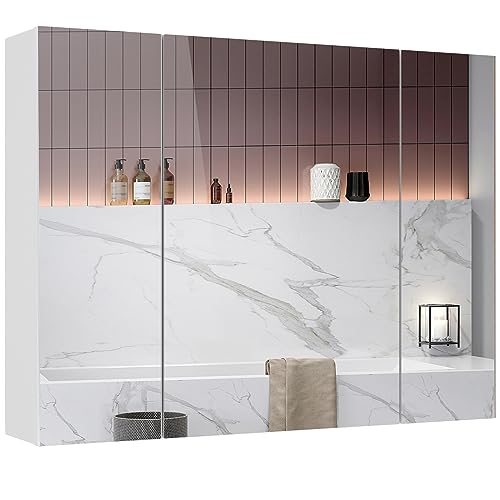 Medicine Cabinets Bathroom Mirror Cabinet with 3 Door 31.5 x 23.62 Inch Bathroom Wall Cabinet with Mirror Wall Mirror Storage Shelf with 3-Adjustable Shelves Storage Organizer Kitchen Cupboard White