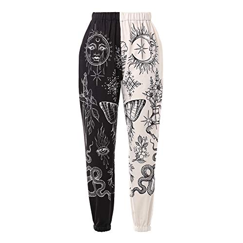 XFLnaraz Women's Fashion Printed Jogger Pants Elastic Waist Color Block Street Loose Sweatpants with Pockets (AA-Black, M)