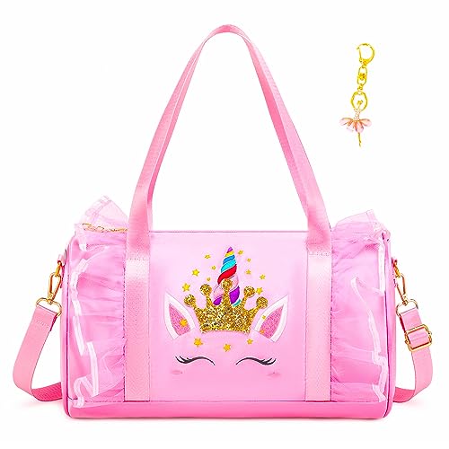 Dorlubel Cute Ballet Dance Bag Gym Travel Duffle Bag for Girls Tutu Dress Bag with Key Chain for Girls (Pink4 of Long Mesh)