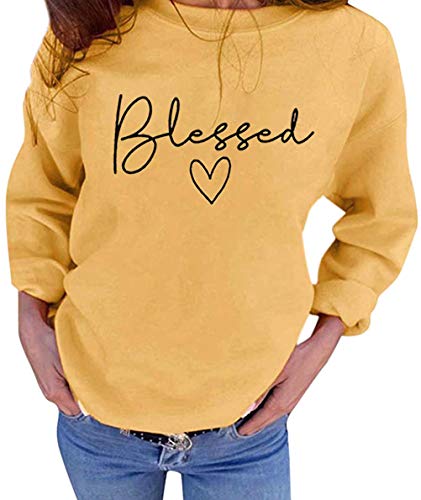 UNIQUEONE Blessed Sweatshirt for Women Letter Print Lightweight Thanksgiving Pullover Tops Blouse (Yellow, XX-Large)