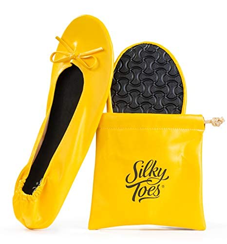 Women's Foldable Portable Travel Ballet Flat Roll Up Slipper Shoes (Medium, Yellow)