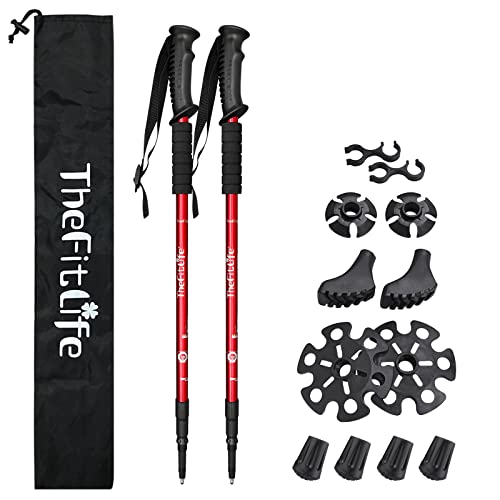 TheFitLife Nordic Walking Trekking Poles - 2 Packs with Antishock and Quick Lock System, Telescopic, Collapsible, Ultralight for Hiking, Camping, Mountaining, Backpacking, Walking, Trekking (Red)