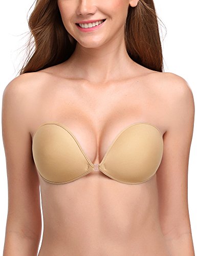 Wingslove Adhesive Bra Reusable Strapless Self Silicone Push-up Invisible Sticky Bras for Backless Dress (Beige,B)