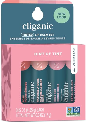 Cliganic Tinted Lip Balm - Non-GMO, 4 Colors - Enriched with Vitamin E, Cruelty Free (Packaging May Vary)