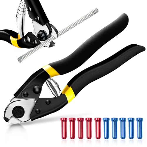 Cable Cutter Wire Rope Heavy Duty Stainless Steel Aircraft Up to 5/32', 7.5inch Black Bicycle Brake Cutter Pliers with 10 Bike Brake Cable Cap End Tips for Deck Railing, Aluminum/Copper Wire, Fence