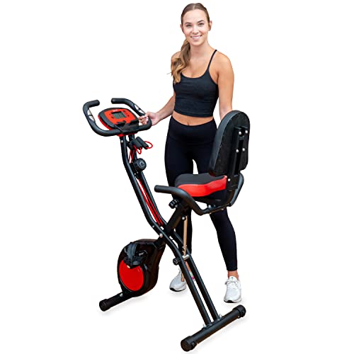 YYFITT 3-In-1 Folding Exercise Bike, Stationary Bikes for Home with Arm Workout Bands, Indoor Fitness Bike with 16 Levels Magnetic Resistance, Full Support Back Pad and Phone Holder, 2-in-1 Bike Frame