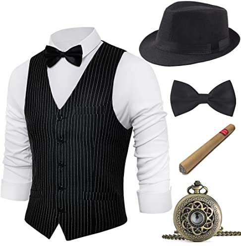 BABEYOND 1920s Mens Gatsby Gangster Vest Costume Accessories Set Fedora Hat