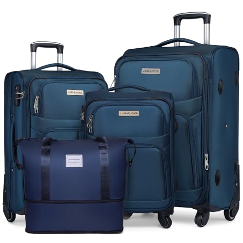LARVENDER Softside Luggage Sets 4 Piece with Duffel Bag, Expandable Rolling Suitcases Set with Spinner Wheels, Lightweight Travel Luggage Set with TSA-Approved Lock, Blue(20/24/28)'