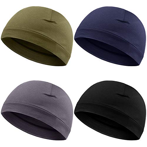 4 Pieces Men Skull Caps Soft Cotton Beanie Hats Stretchy Helmet Liner Multifunctional Headwear for Men Women (Black, Gray, Army Green, Navy Blue,Solid Style)