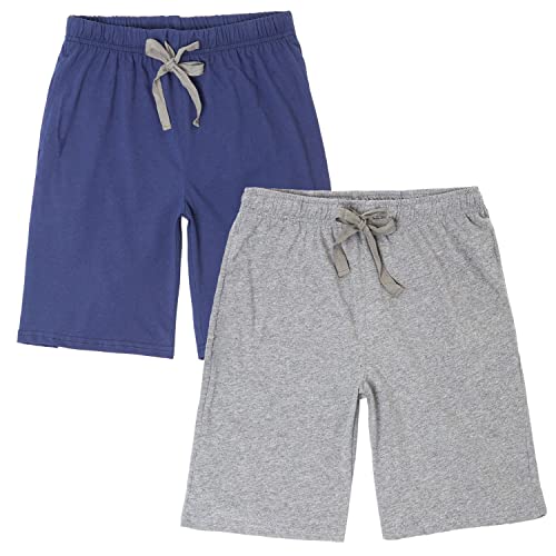 HiddenValor Big Boys Cotton Pajama Shorts with Pockets (Grey + Blue, Large)