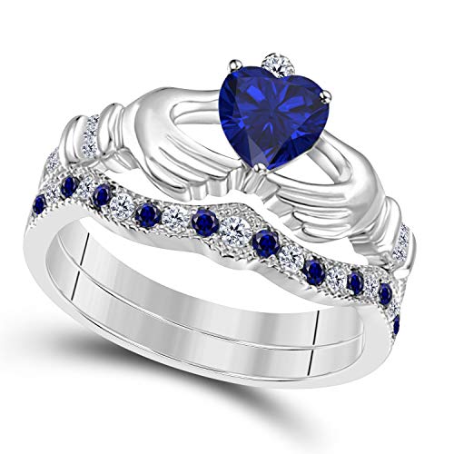 DS Jewels 14k Gold Plated Alloy Claddagh Bridal Set Ring 1.00 ctw Heart Cut CZ Blue Sapphire & Cubic Zirconia Curved Wedding Band & Crown Engagement Ring Size 4 to 11