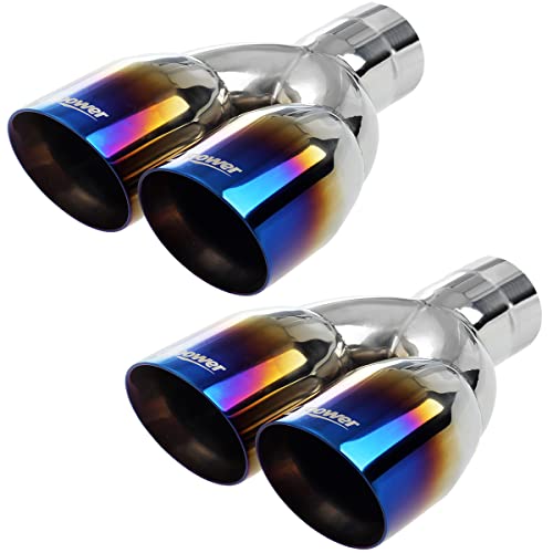 Upower Pack of 2 Dual Exhaust Tip Tailpipe 2.5 Inch Inlet 3.5' outlet 9.5' Length Blue Burnt Polished Tip Staggered(Double Wall Slant Edge)