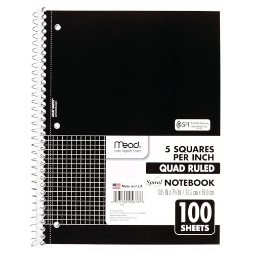Mead Spiral Notebook, 1-Subject, Graph Ruled Paper, 7-1/2' x 10-1/2', 100 Sheets, Black (05676AA5)