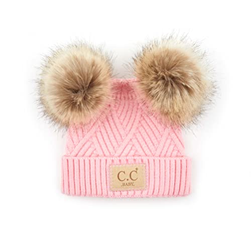 Funky Junque Baby/Infant Double Pom Beanie: Diagonal Basketweave Pattern - Pink