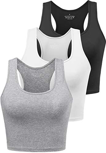 Porvike 3-Pack Sports Crop Tank Tops for Women: Racerback Yoga, Running, Gym Workout Shirts (S, Black/White/Grey)