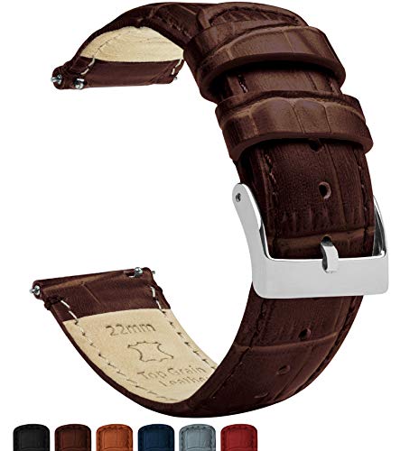 BARTON WATCH BANDS Alligator Grain Cowhide Leather - Quick Release Leather Watch Bands, Standard Length, Coffee Brown & Stainless Steel Buckle, 22mm