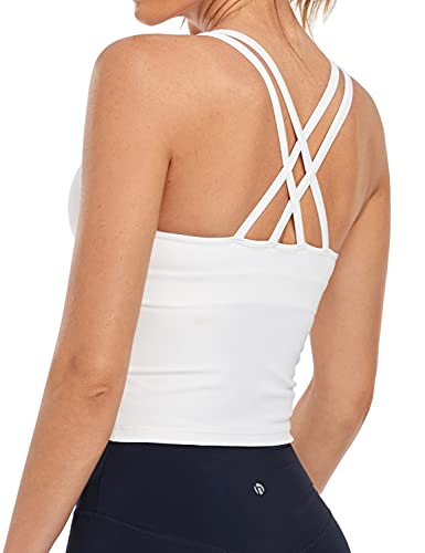 HeyNuts Longline Zeal Sports Bras for Women, Medium Impact Wirefree Yoga Bras Padded Workout Tank Tops Crisscross Back Crop Tops White L
