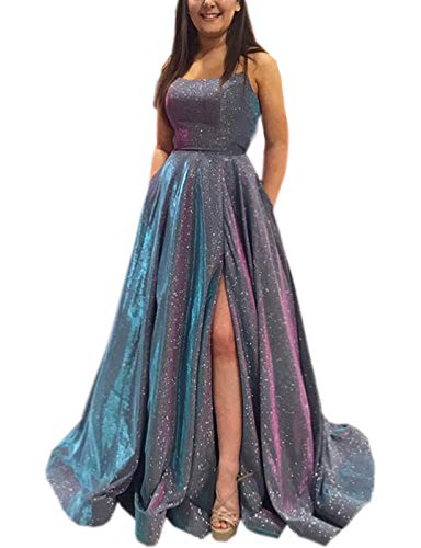 Prom Dresses Long Plus Size A Line with Pockets Formal Evening Ball Gowns Side Slit Glitter Party Dress 2024 Steel