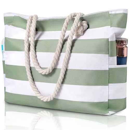 Beach Bag for Women - Large Beach Tote Bag, Waterproof Sandproof Beach Bag with Zipper, Large Swim Pool Beach Tote, Green