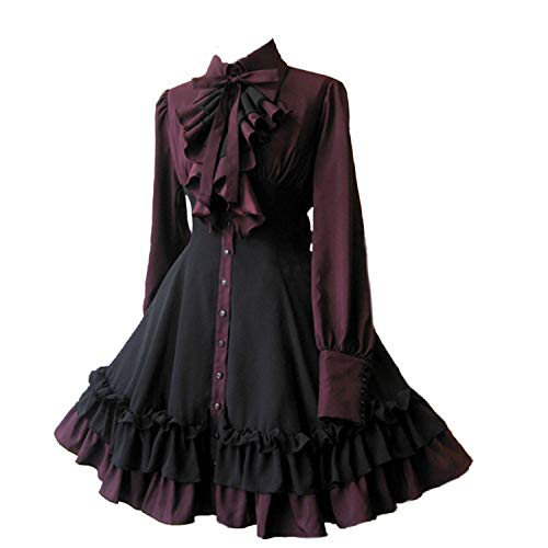 ZZEQYG Women Girls Black Gothic Dress Long Sleeves Polyester Ruffle Dress with Bows (M, Black)