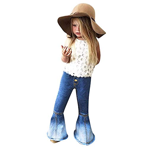 MODNTOGA Baby Girls Denim Bell Bottom Jeans Vintage Toddler Kid Flare Pants Jeans Western Little Cowgirl Outfit Hippie Pants (Dark Blue, 110 (4-5T))