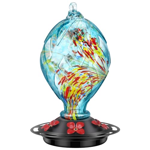 Veciaus Hummingbird Feeder with 5 Perches, Hand Blown Glass Hummingbird Feeders for Outdoors Hanging, 42 Fuild Oz with Ant and Bee Proof, Gifts for Women, Blue