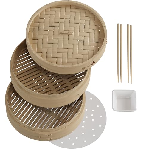 Prime Home Direct Bamboo Steamer Basket 10-inch | 2-Tier Steamer for Cooking | 50 Liners, Chopsticks & Sauce Dish | Dumpling Steamer, Food Steamer Baskets for Cooking - Rice & Vegetable Steamer Pot