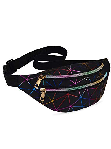 LIVACASA Black Fanny Packs for Women Waterproof Holographic Waist Packs Shiny with Adjustable Belt Diamond Lattice Pattern for Party Festival Trip