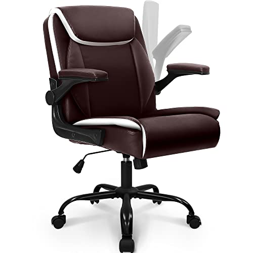 NEO CHAIR Office Chair Adjustable Desk Chair Mid Back Executive Comfortable PU Leather Ergonomic Gaming Back Support Home Computer with Flip-up Armrest Swivel Wheels (Brown)