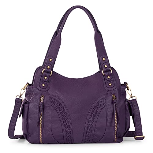 Montana West Soft Washed Leather Shoulder Handbag Purses for Women Designer Hobo Tote Ladies Crossbody Bucket Bag Purple MWC-019PP