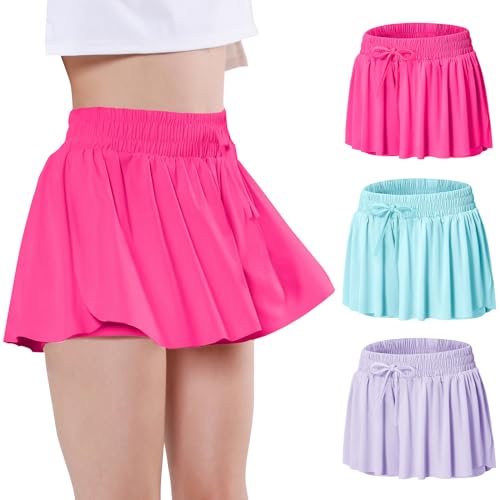 EXARUS 3 Pack Girls Butterfly Shorts Flowy Athletic 2 in 1 Running Dance Preppy Cheer Tennis Flutter Kids Clothes Hot Pink Blue Purple 10Y