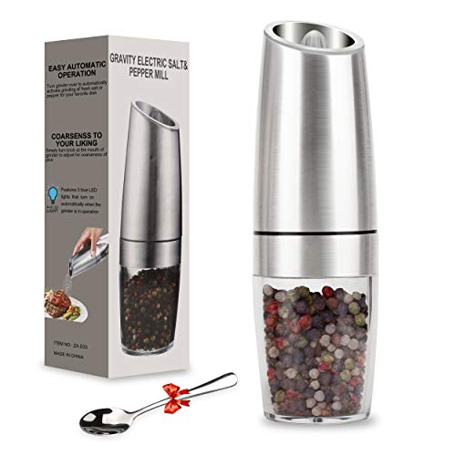 Pepper Grinder, Gravity Electric Pepper Mill, Battery Operated Automatic Salt Mill with Blue LED Light, One Handed Operation, Adjustable Coarseness, Silver（Including Stainless Steel Spoon）