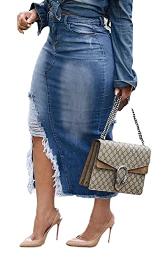 Blue Midi Jean Skirt for Women Long Denim Skirts with Slit High Waist Stretch Pockets Frayed Pencil Jean Skirt Large
