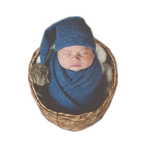 Fashion Cute Newborn Baby Photography Props Outfits Boy Girl Knitted Long Tail Hat with Wrap Blanket Set (Blue)