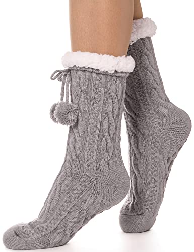 Slipper Socks for Women Fuzzy Fluffy Cabin Cozy Sleep Winter Warm Comfy Soft Fleece Thick Home Grips Non Slip Skid Socks Christmas Stocking Stuffer Valentines Day White Elephant Gift for Her Mom-Grey