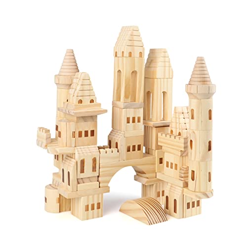 Garlictoys 75 Pieces Wooden Castle Blocks Medieval Knights Princesses Wooden Castle Building Blocks Kit for Kids Boys and Girls