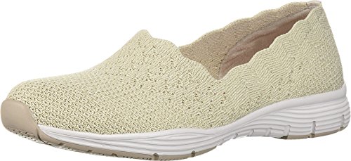 Skechers Women's Seager-Stat-Scalloped Collar, Engineered Skech-Knit Slip-on-Classic Fit Loafer, Natural, 10