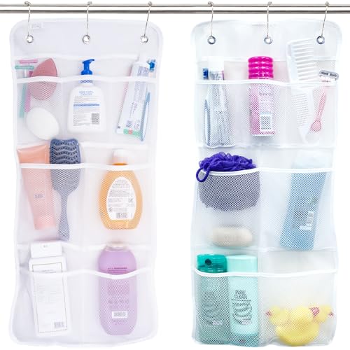S&T INC. Shower Organizer, Shower Caddy or Bathroom Organizer with Quick Drying Mesh, 7 Pockets to Hold Shampoo, Soap, Loofah, and Cruise Ship Essentials, 14 Inch by 30 Inch, White, 2 Pack