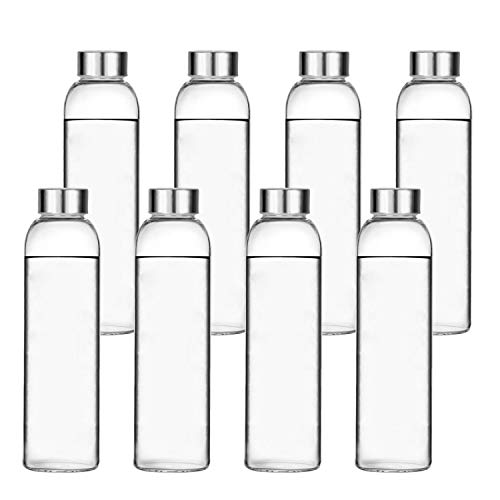 Encheng Glass Water Bottles, Glass Beverage Bottles 16oz,Drinking Bottles With Leakproof Stainless Steel Cap 500ml,Reusable Juice Bottles Beverage Drinkware,To Go Travel Bottles For Drink,Sauce 8Pack