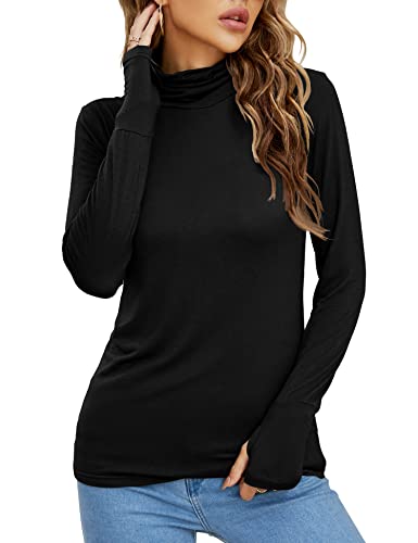 LUYAA Women Casual Long Sleeve Shirts Mock Turtleneck Tops Slim Fit Basic Plain T-Shirts Pullovers Underscrubs Layer Tee Thumb Holes Black XL