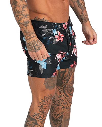 GINGTTO Men Swimming Trunks Surf Sportwear with Elastic Cord Black Flower