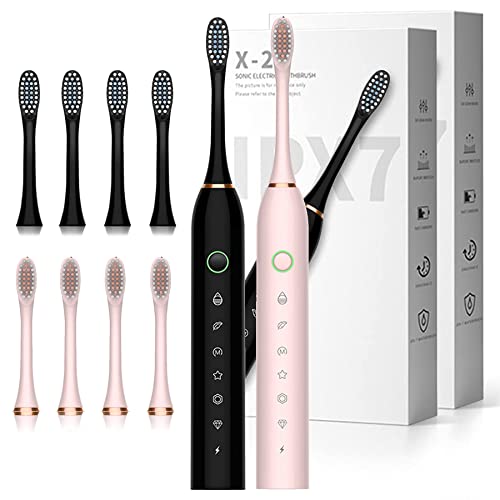 2 Pack Electric Toothbrush with 8 Brush Heads, 6 Modes 42000vpm, IPX7 Waterproof, Sonic Electric Toothbrush for Adults and Kids Black+Pink